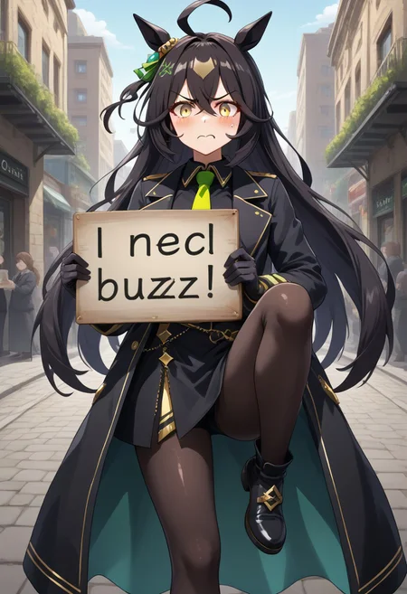 ( ,manhattan_cafe_(umamusume), anger vein ,(need_buzz, holding sign),1girl,  need_buzz, holding sign with another hand : 1.3), 
looking at viewer, very awa,yellow_necktie,black long hair , yellow eyes,long skirt ,YOUR TEXT made of hud_per1d0t_wrld, green gemstone, crystal, gem, shiny,standing, standing one leg, 
(, fake smile, nervous sweat, wavy mouth, ,  , mcafe, black hair, long hair, white ahoge, yellow eyes, horse girl, , black coat, single aqua earring, black shirt, black skirt, black belt, yellow necktie, black choker, black pantyhose, black gloves  : 0.6)