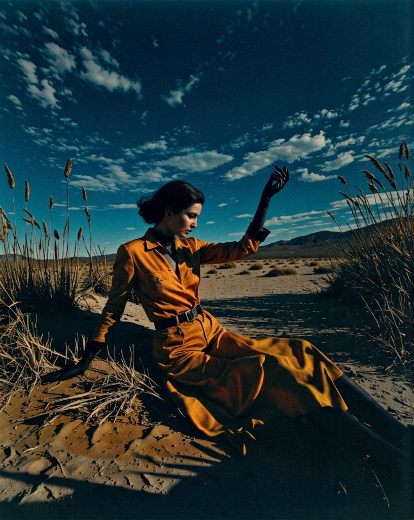 LOW KEY photography, dramatic lighting, deep shadows, rich contrast, moody atmosphere, intense emotions, cinematic feel, mysterious ambiance, emphasizing shape and form, creating depth, evoking drama, storytelling through shadows, professional technique LANDSCAPE PHOTOGRAPHY, vast vistas, natural beauty, dynamic compositions, captivating scenery, immersive, serene _1 breathtaking woman in the desert with blue sky and tall grasses. Variation of faded orangeish colors in some areas of the image. HelmutStyleColor.(award-winning, professional, highly detailed, high resolution, masterpiece:1)