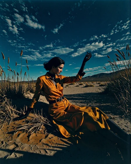 LOW KEY photography, dramatic lighting, deep shadows, rich contrast, moody atmosphere, intense emotions, cinematic feel, mysterious ambiance, emphasizing shape and form, creating depth, evoking drama, storytelling through shadows, professional technique LANDSCAPE PHOTOGRAPHY, vast vistas, natural beauty, dynamic compositions, captivating scenery, immersive, serene _1 breathtaking woman in the desert with blue sky and tall grasses. Variation of faded orangeish colors in some areas of the image. HelmutStyleColor.(award-winning, professional, highly detailed, high resolution, masterpiece:1)