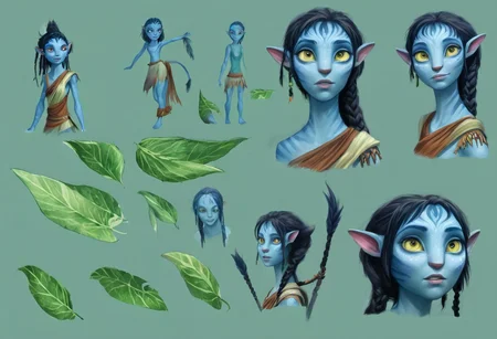 Character Design page of a young female Avatar navi alien with blue skin, wearing leaf tunic