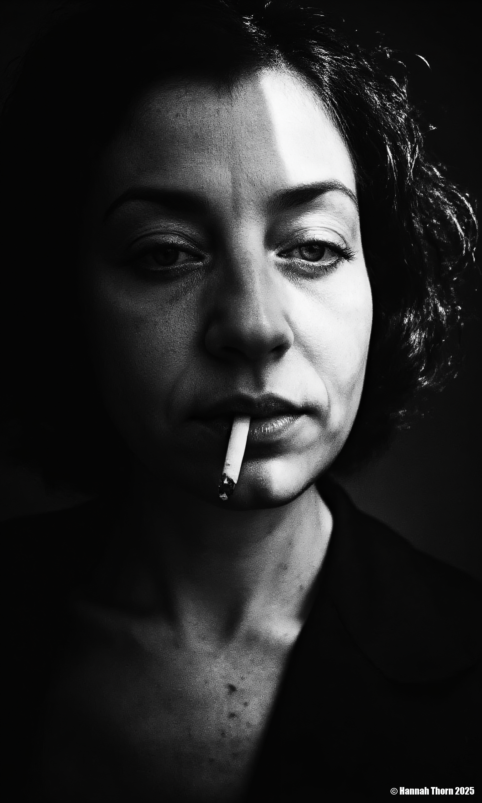 A close-up, black and white portrait in the vein of Henri Cartier-Bresson, channeling the mystery of film noir. A woman, captured with intense, shadowed eyes like a Diane Arbus subject, stares directly at the viewer, a half-smoked cigarette dangling from her lips, casting a Rembrandt-esque shadow across the texture of her skin. The stark monochrome palette, reminiscent of Man Ray, emphasizes the details of her face, creating a sense of raw intimacy and unwavering confidence. The image, with its dramatic shadows and high contrast, evokes the cinematic style of the 1940s<lora:_Flux\Anders_Petersen.safetensors:1.0:1.0>