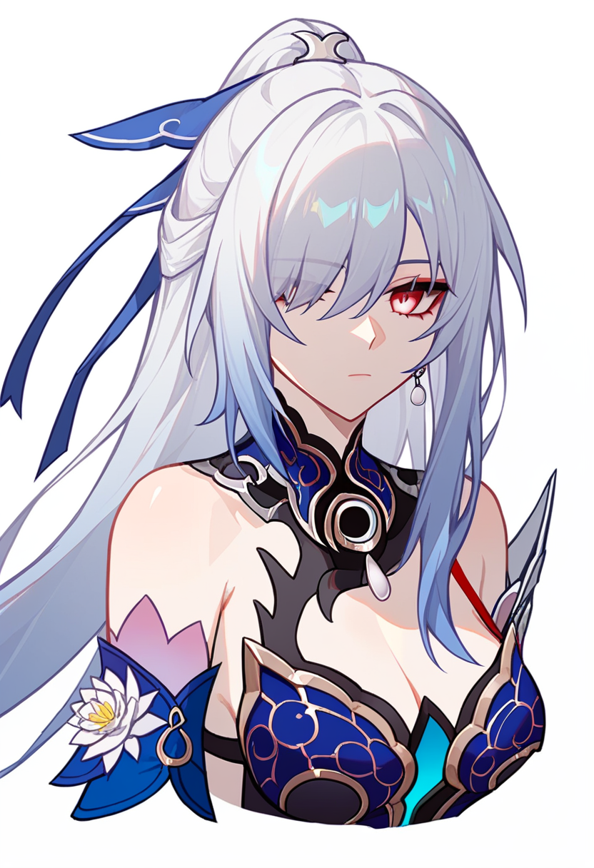 score_9,score_8_up,score_7_up,<lora:star_rail_all_v2:1>,1girl, looking_at_viewer, solo, halter_dress, highres, hair_over_one_eye, white_background, commission, blue_dress, jingliu_\(honkai:_star_rail\), from_side, one_eye_covered, hair_ribbon, cleavage, upper_body, expressionless, simple_background, detached_sleeves, bare_shoulders, absurdres