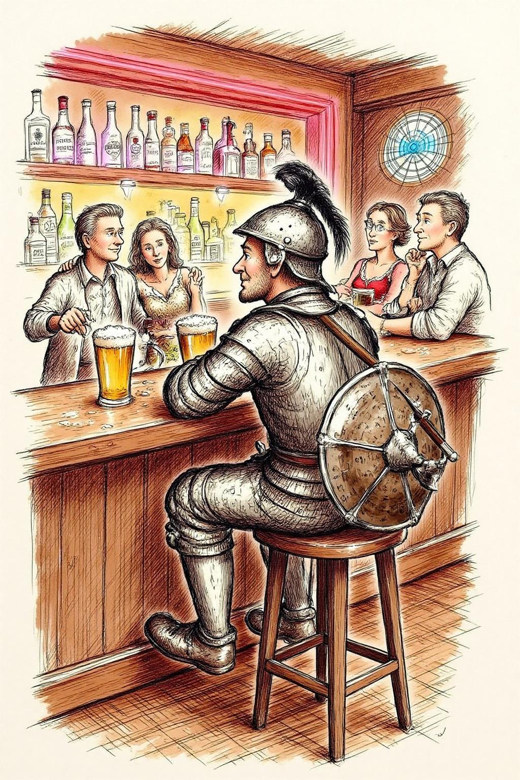 gawi1 illustration.
Don Quixote sitting at a modern bar, enjoying a beer. He wears his classic, medieval armor, slightly tarnished and mismatched, and his signature helmet with a plume. He sits on a high bar stool, holding a frothy pint of beer in one hand, his lance and shield propped up against the bar counter. The bar around him is sleek and contemporary, with neon lights, polished wood, and various bottles lined up on shelves behind him. Other patrons, dressed in modern casual attire, glance curiously at the armored knight. Soft, warm lighting casts a relaxed atmosphere, highlighting the whimsical contrast between Don Quixote and the modern setting. Surreal and humorous, anachronistic, vibrant colors, character-driven scene.  <lora:gawi1_cap_d6a3e12:1.0><lora:827371341859633394:0>