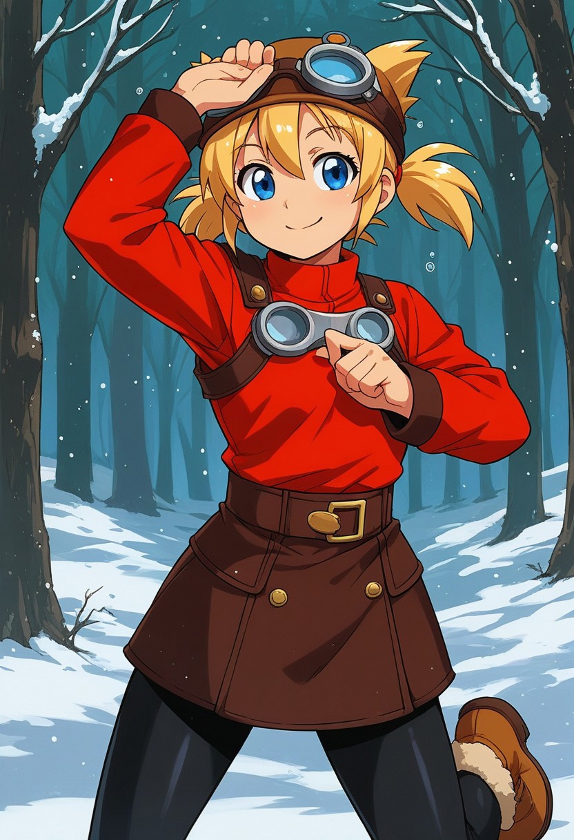 score_9, score_7_up, source_anime, BREAK solo, Pratty, blue eyes, short hair, light blonde, short twintails, hair through headwear, goggles, brown headwear, red shirt, short over long sleeves, black long sleeves, red skirt, black pantyhose, leather breastplate, brown footwear, smile, cold forest, taiga, snow, stretching, flashing smile,