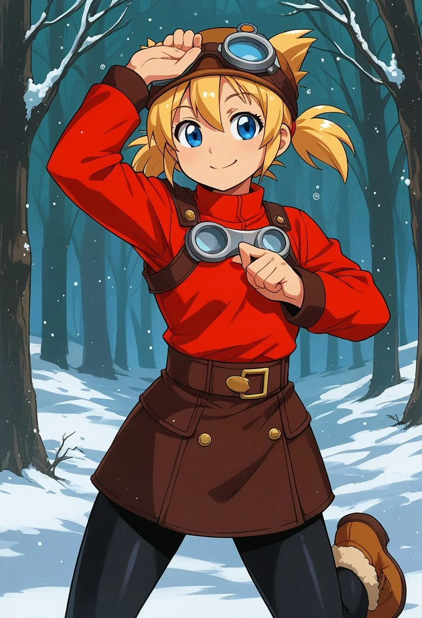 score_9, score_7_up, source_anime, BREAK solo, Pratty, blue eyes, short hair, light blonde, short twintails, hair through headwear, goggles, brown headwear, red shirt, short over long sleeves, black long sleeves, red skirt, black pantyhose, leather breastplate, brown footwear, smile, cold forest, taiga, snow, stretching, flashing smile,