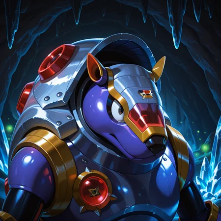 <lora:Armored_Armadillo_Megaman_X_Illustrious:1> Armored Armadillo, 1boy, medium shot, crystal cave, portrait, purple fireflies, dark background, masterpiece, masterwork, ( photorealistic, 8K CGI render), ( glossy metal body),