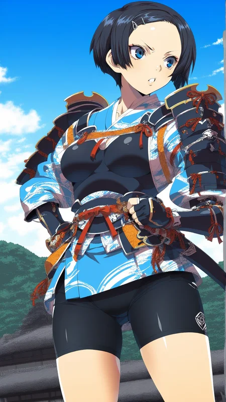 masterpiece, best quality, anime coloring, ruin, shine
1girl,solo, Dynamic pose
<lora:Ai-Naoe_lL_v01:1> ai-naoe, japanese armor, black short hair, blue eyes, hair ornament, japanese clothes, shoulder armor, hairclip, gloves, bike shorts, samurai, fingerless gloves, medium breasts, (bangs:0.8)