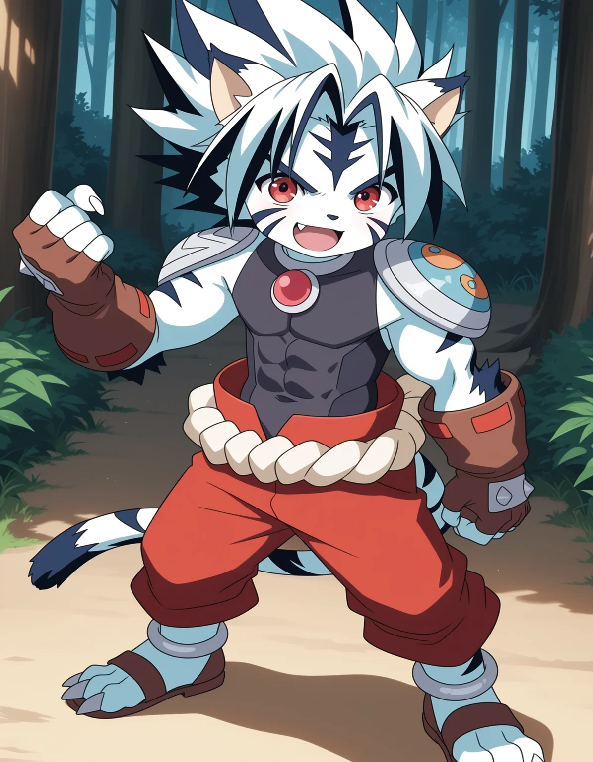 masterpiece, best quality,anime screencap,official style
BREAK
kogenta,solo,1boy,tiger boy,,child,smile,male focus,furry male,,open mouth,, red eyes, animal ears, tail,  , multicolored hair, , fang, cat ears, two-tone hair,  facial mark, white hair,Sharp fingernails, claws,tiger ears,fingerless gloves, armor, shoulder armor,red pants, covered abs,anklet, 3 toes,forest
BREAK
<lora:kogenta_ill_hassaku_v1:1>
