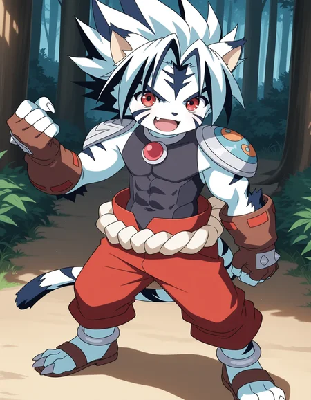 masterpiece, best quality,anime screencap,official style
BREAK
kogenta,solo,1boy,tiger boy,,child,smile,male focus,furry male,,open mouth,, red eyes, animal ears, tail,  , multicolored hair, , fang, cat ears, two-tone hair,  facial mark, white hair,Sharp fingernails, claws,tiger ears,fingerless gloves, armor, shoulder armor,red pants, covered abs,anklet, 3 toes,forest
BREAK
<lora:kogenta_ill_hassaku_v1:1>