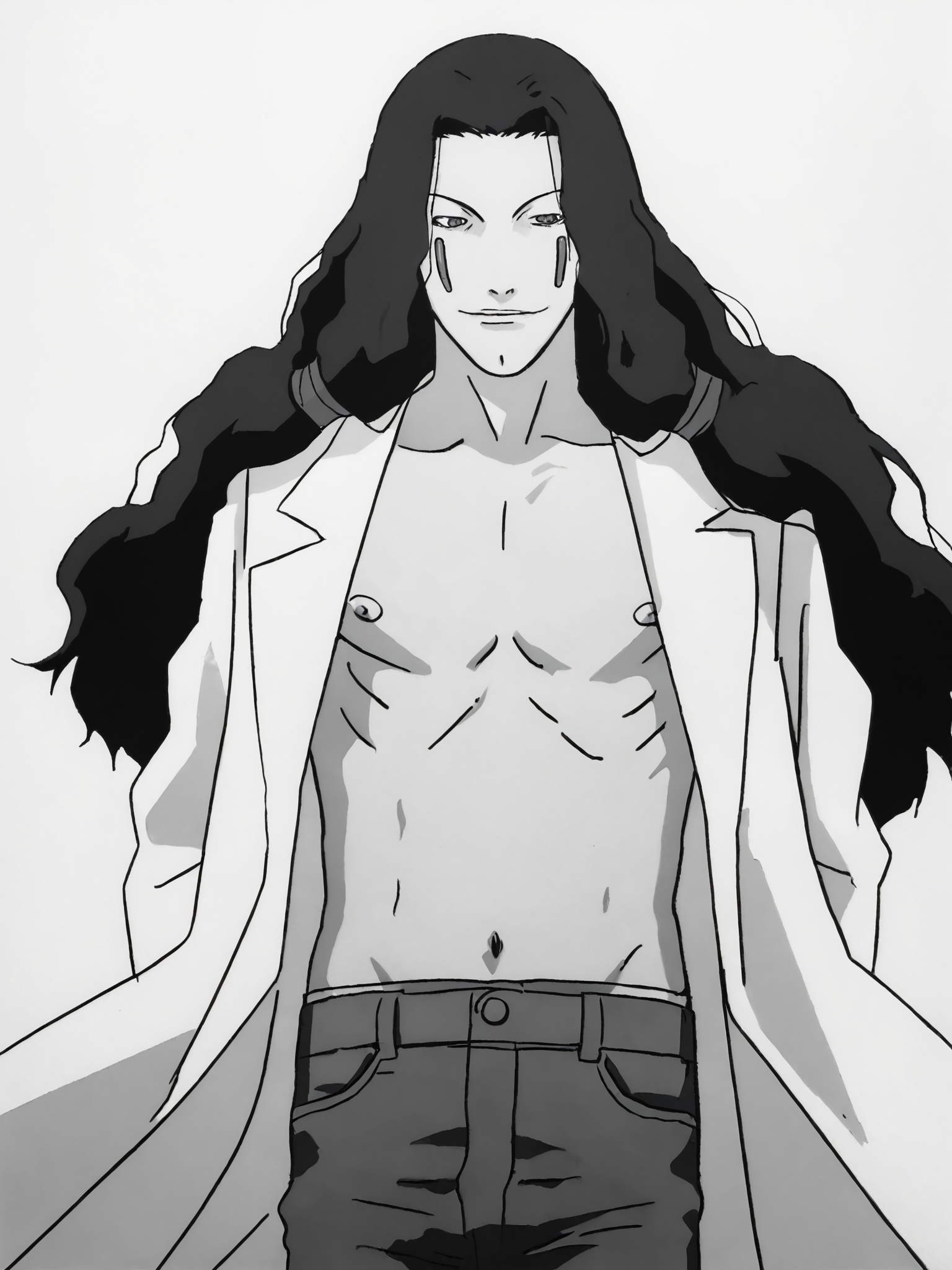 score_9, source_anime, masterpiece, best quality, BREAK, white background, 1boy, <lora:Masami Eiri_PDXLv0:0.8> masami eiri \(sel\), labcoat, jeans, lineart, greyscale, monochrome
