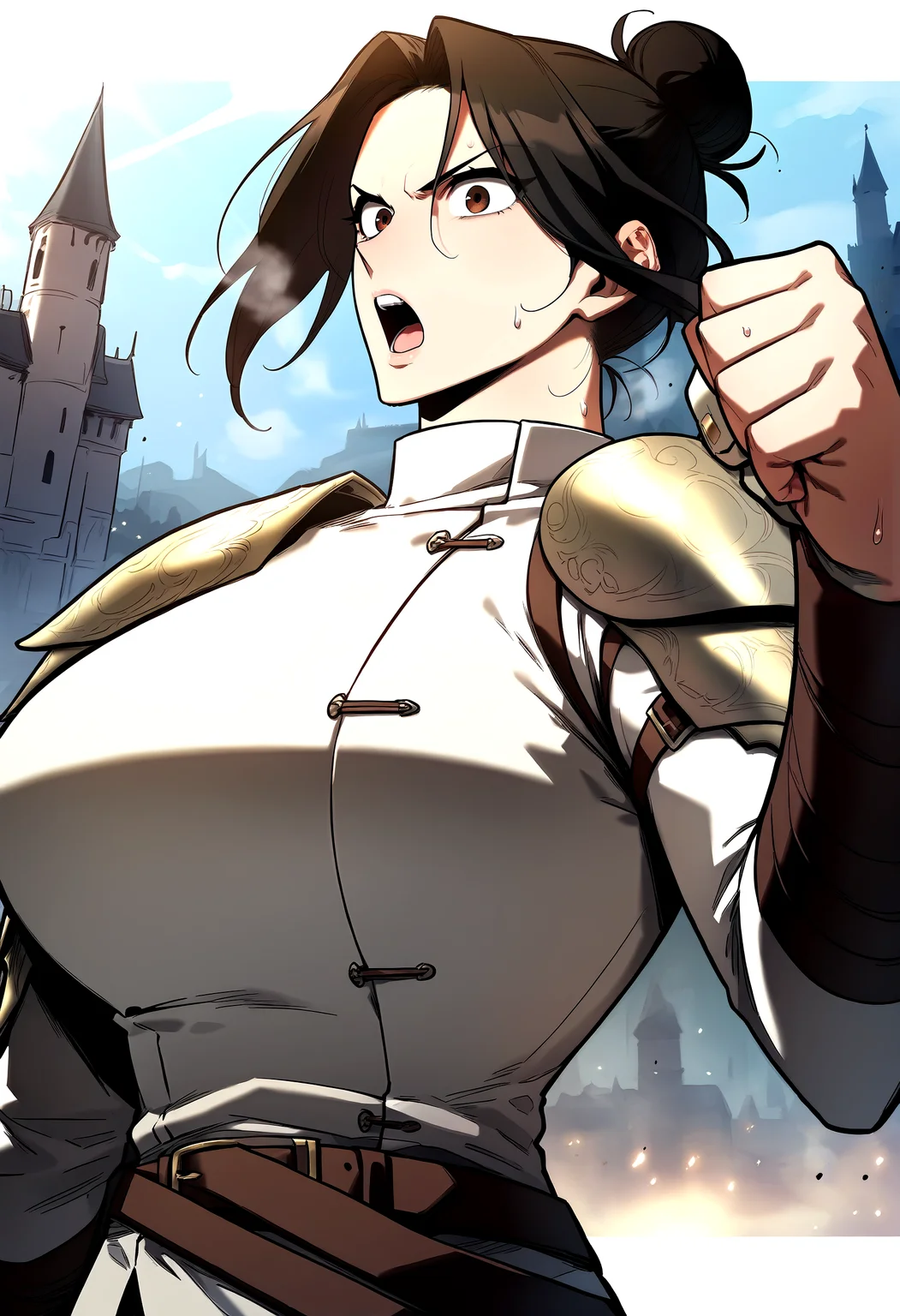 score_9, score_8_up, score_7_up, score_6_up, source_anime, rating_explicit, <lora:neg4all_bdsqlsz_V3.5:2.0>1girl, (solo:1.1), huge breasts, <lora:JungHeewonponyxl:1> brown eyes, black hair, single hair bun, brown hair, white jacket, shoulder armor, black pants, belt, long sleeves, serious, open mouth, Narrow shoulders, sweat, heavy breathing, steaming body, castle, outdoor, looking at viewer, (fighting stance:1.2)