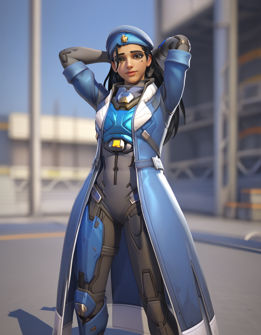 Masterpiece, high-res, 2k, best quality, 2.5d, 1girl,  cpt amari, ana (overwatch) , eye of horus  <lora:cpt_amari_pony-000037:1>  Seductive Swan Dive: Arch your back and extend your arms overhead creating a graceful and seductive silhouette.