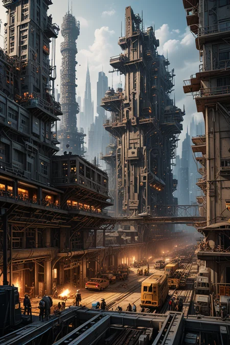 metropolis-themed  A bustling factory scene with assembly lines producing various mechanical parts, intertwined with a construction site where steel beams are being erected, forming the foundation of a new building, . urban, cityscape, skyscrapers, modern, futuristic, highly detailed