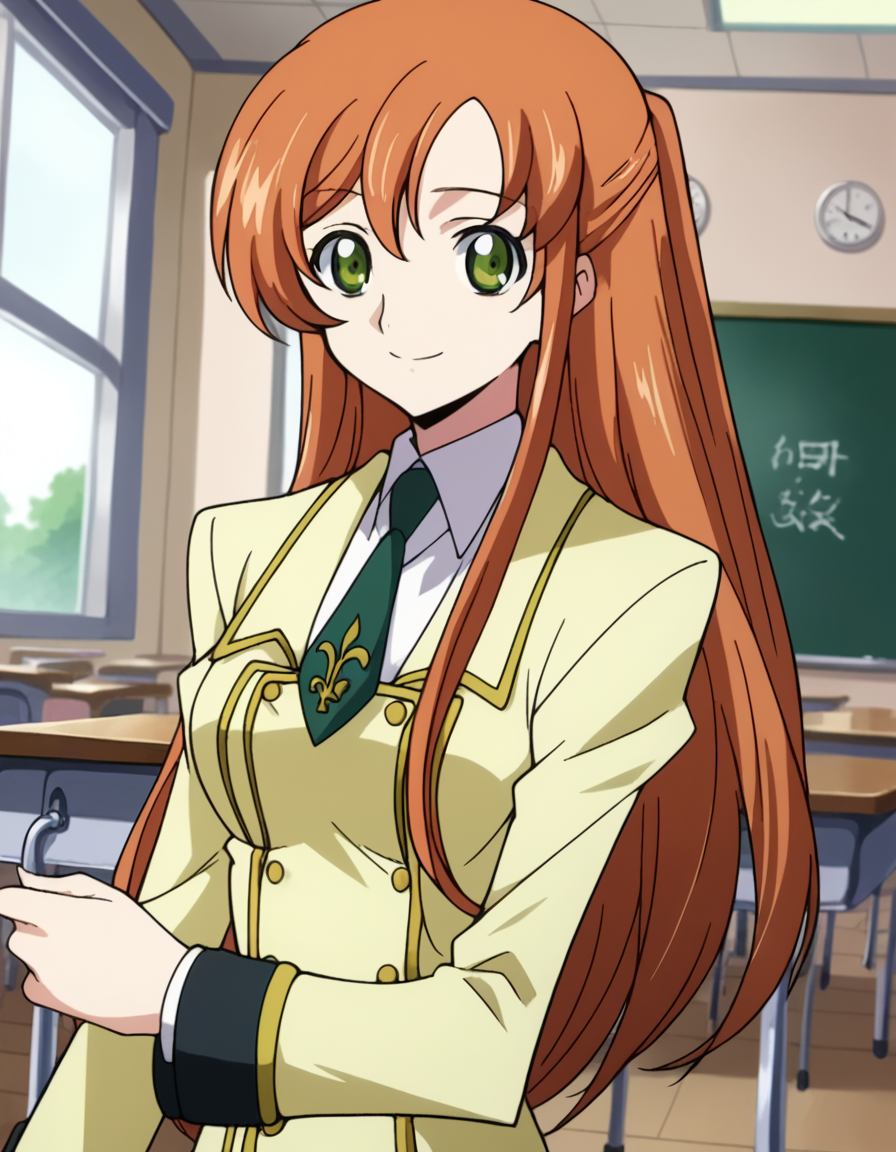 score_9, score_8_up, score_7_up, source_anime,
shirleyfenette, <lora:shirley-fenette-s1-ponyxl-lora-nochekaiser:1>,
shirley fenette, orange hair, green eyes, half updo, long hair,
ashford academy school uniform, buttons, long sleeves, necktie, school uniform,
indoors, classroom, smile,
looking at viewer, dutch angle, cowboy shot, solo,