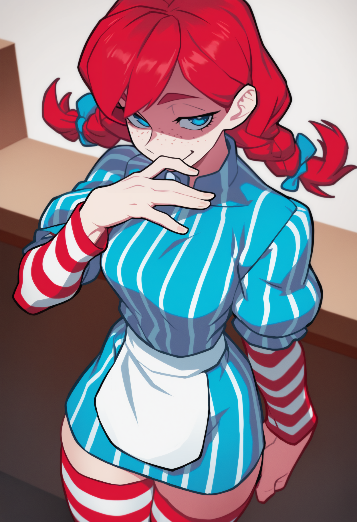 (hata4564:0.6), masterpiece, best quality, cowboy shot, from above, solo, 1girl, w3ndys, freckles, shaded face, smug, looking at viewer, hand to own mouth, long hair, red hair, low twin braids, hair bow, blue bow, blue eyes, short dress, blue dress, vertical-striped dress, puffy short sleeves, short over long sleeves, striped sleeves, white apron, waist apron, red thighhighs, striped thighhighs, indoors, restaurant
<segment:yolo-face_yolov8m.pt,0.4,0.5//cid=1>