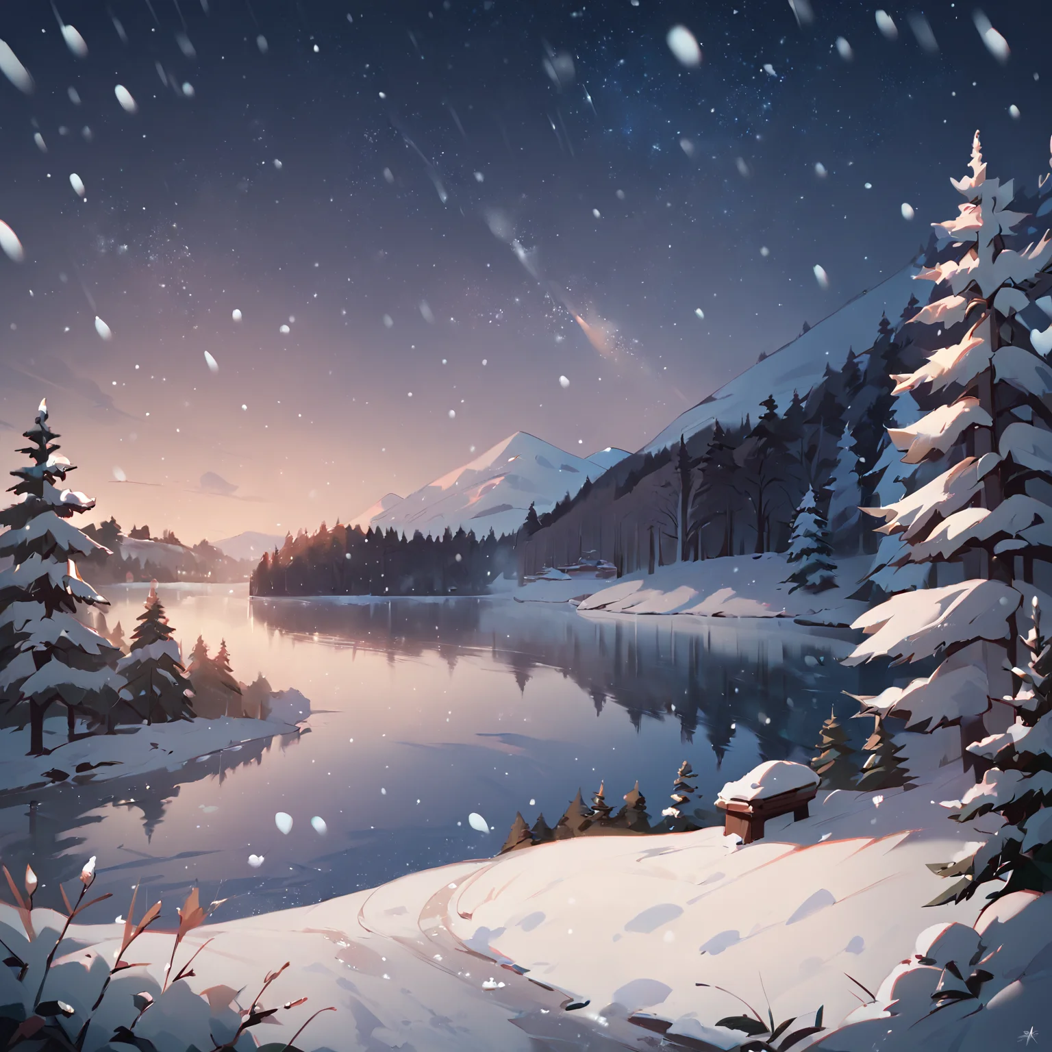 snow, snowing, forest, lake, night, scenery, nature, wilderness, no humans, no buildings, <lora:Snowbound-Pony:1>, snowbound, BREAK score_9, score_8_up, score_7_up, best quality, masterpiece, 4k, prefect lighting, very aesthetic, zPDXL2