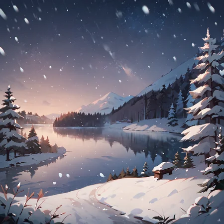 snow, snowing, forest, lake, night, scenery, nature, wilderness, no humans, no buildings, <lora:Snowbound-Pony:1>, snowbound, BREAK score_9, score_8_up, score_7_up, best quality, masterpiece, 4k, prefect lighting, very aesthetic, zPDXL2