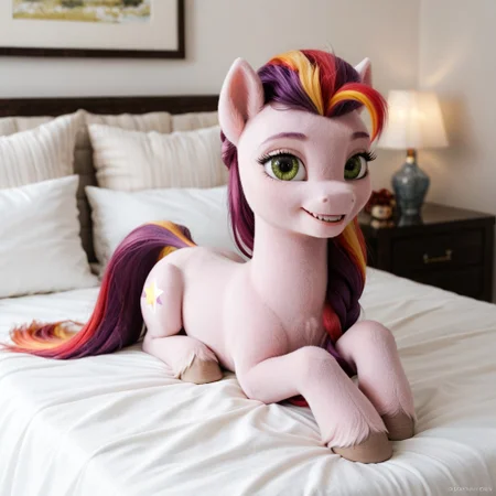 score_9, score_8_up, score_7_up, score_6_up, score_5_up, score_4_up, masterpiece, high quality, realistic, detailed, best quality, white bed, solo, rating_safe, source_furry, bedroom, smiling, seductive, looking at viewer, on bed, lying on belly, velvet_starscout, earth pony, pony, green eyes, female, 1girl, tail, mane, star cutie mark
