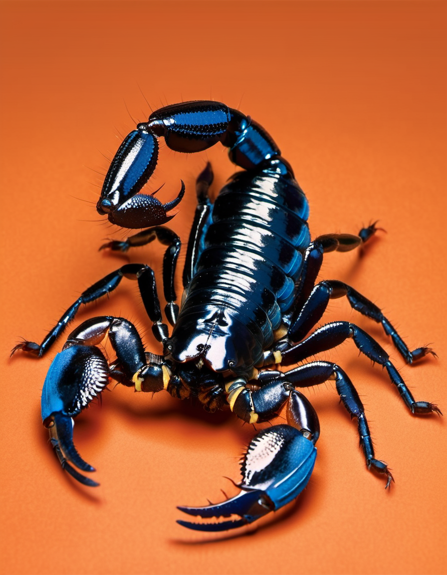 (Realistic:1.5) EdobScorpion, shadow, blue theme, silk, no humans, black hair, traditional media, sleeping, orange theme, extra arms, simple background, beetle, <lora:EdobScorpionPhotoReal_XL_v1.0:0.8>