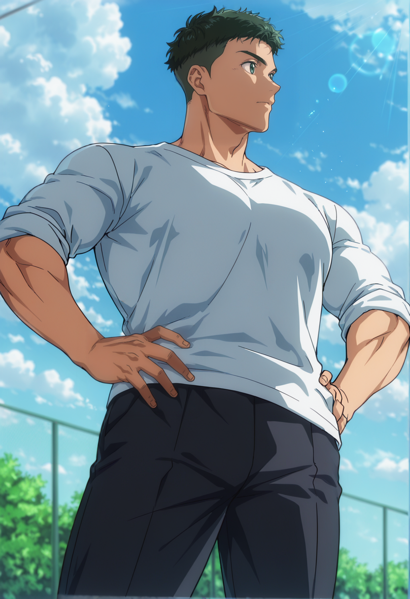 embedding:Smooth Quality, masterpiece, best quality, newest, absurdres, anime screencap, intricate details, good quality, very awa, highres, perfect proportions, perfect eyes, amazing quality, very aesthetic, green_yok0kaw4_yuusuk3_eyes, yok0kaw4_yuusuk3, black_yok0kaw4_yuusuk3_hair, 1boy, anime coloring, male focus, solo, muscular male,  hands on own hips, sleeves rolled up, white shirt, biceps, outdoors, looking afar, cloud, sky, day,from below, shadow, dynamic angle, dynamic action, atmospheric perspective, intricate lighting, intricately detailed illustration, depth of field,
 <lora:Yokokawa_Yuusuke_Love_All_Play:1>