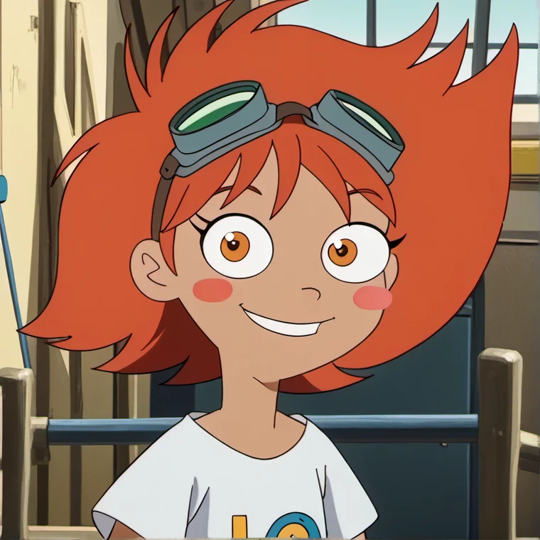 1girl, solo, povenmirestyle2, red hair, orange eyes, blush stickers, goggles on head, big smile, ^_^, white loose shirt, looking at viewer, toon \(style\), <lora:povenmirestyle2:1>, <lora:Edward Pony XL:0.7>,