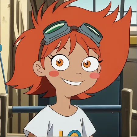 1girl, solo, povenmirestyle2, red hair, orange eyes, blush stickers, goggles on head, big smile, ^_^, white loose shirt, looking at viewer, toon \(style\), <lora:povenmirestyle2:1>, <lora:Edward Pony XL:0.7>,