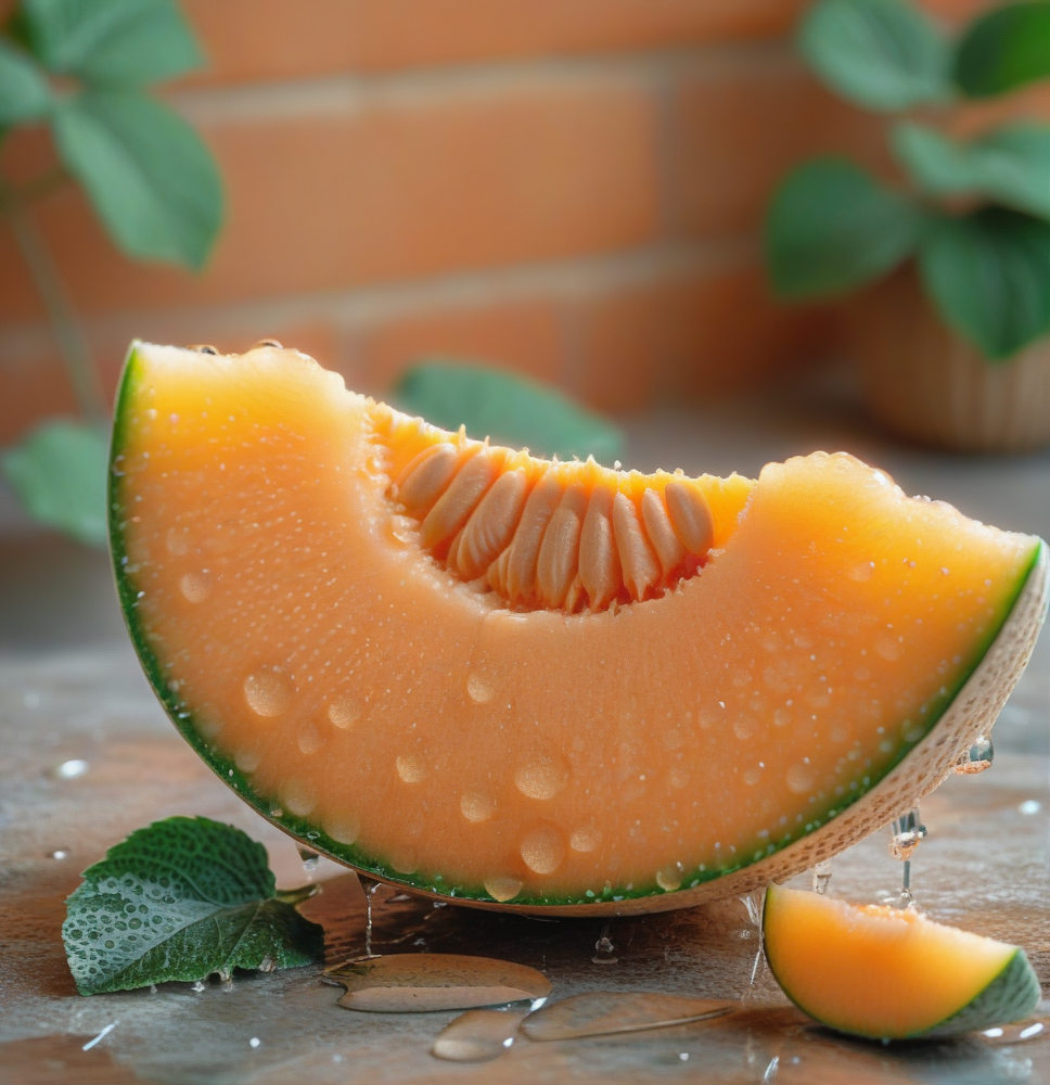 fruit photography,the image shows a cantaloupe with water droplets on it,sitting on a table with a wall and leaves in the background. the background is slightly blurred,giving the image a dreamy feel.,<lora:æ°´æ-000005:0.6>,
