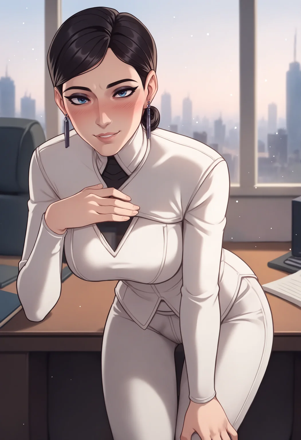 score_9, score_8_up, score_7_up BREAK 1girl, solo, mature female, <lora:volskayaOW-ponyxl-beta3-10:1.0>, volskayaOW, single hair bun, makeup, nose, looking at viewer, desk, office, white clothes, grey trim, turtleneck, white pants, long sleeves, earrings, breasts, indoors, blush, seductive smile, parted lips, window, skyline, wide hips, thighs, thigh gap, black hair, skin tight, impossible clothes, leaning forward, hand on own leg, presenting, hand on own chest, blurry background, light particles,