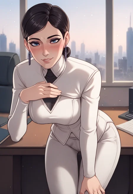 score_9, score_8_up, score_7_up BREAK 1girl, solo, mature female, <lora:volskayaOW-ponyxl-beta3-10:1.0>, volskayaOW, single hair bun, makeup, nose, looking at viewer, desk, office, white clothes, grey trim, turtleneck, white pants, long sleeves, earrings, breasts, indoors, blush, seductive smile, parted lips, window, skyline, wide hips, thighs, thigh gap, black hair, skin tight, impossible clothes, leaning forward, hand on own leg, presenting, hand on own chest, blurry background, light particles,