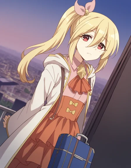 score_9, score_8_up, score_7_up, source_anime, <lora:bofuri-frederica-s2-ponyxl-lora-nochekaiser:1>, frederica, long hair, bangs, blonde hair, red eyes, bow, hair between eyes, hair bow, ponytail, side ponytail,, skirt, long sleeves, dress, jacket, open clothes, wide sleeves, coat, ascot, white jacket,, train station, waiting for train, suitcase, traveling, commute, city skyline, hands behind back,, , looking at viewer, arm behind back, knee bent, foot pointed, solo,, cowboy shot, dutch angle