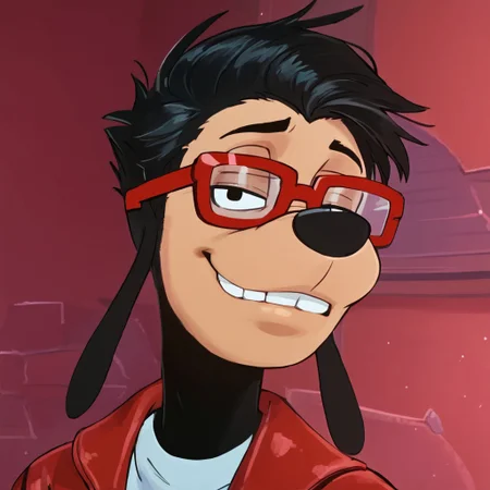 black outlines, dutch angle, masterpiece, best quality, score_9, score_8_up, score_7_up, score_6_up, score_5_up, high detail, max, dog nose, male focus, animal ears, 1boy, solo, black hair, black eyes, teeth, furry male, standing, Red jacket, unzipped jacket, Leather Jacket, from front, tilt head, upper body, glasses:colored glasses, thin glasses, red glasses, ((bright t-shirt, printed t-shirt)), smile, smirk, half-closed eyes, ((office background, office)), red theme, looking at viewer, solo, solo focus, Expressiveh, dark shadows, messy hair, tyler durden,