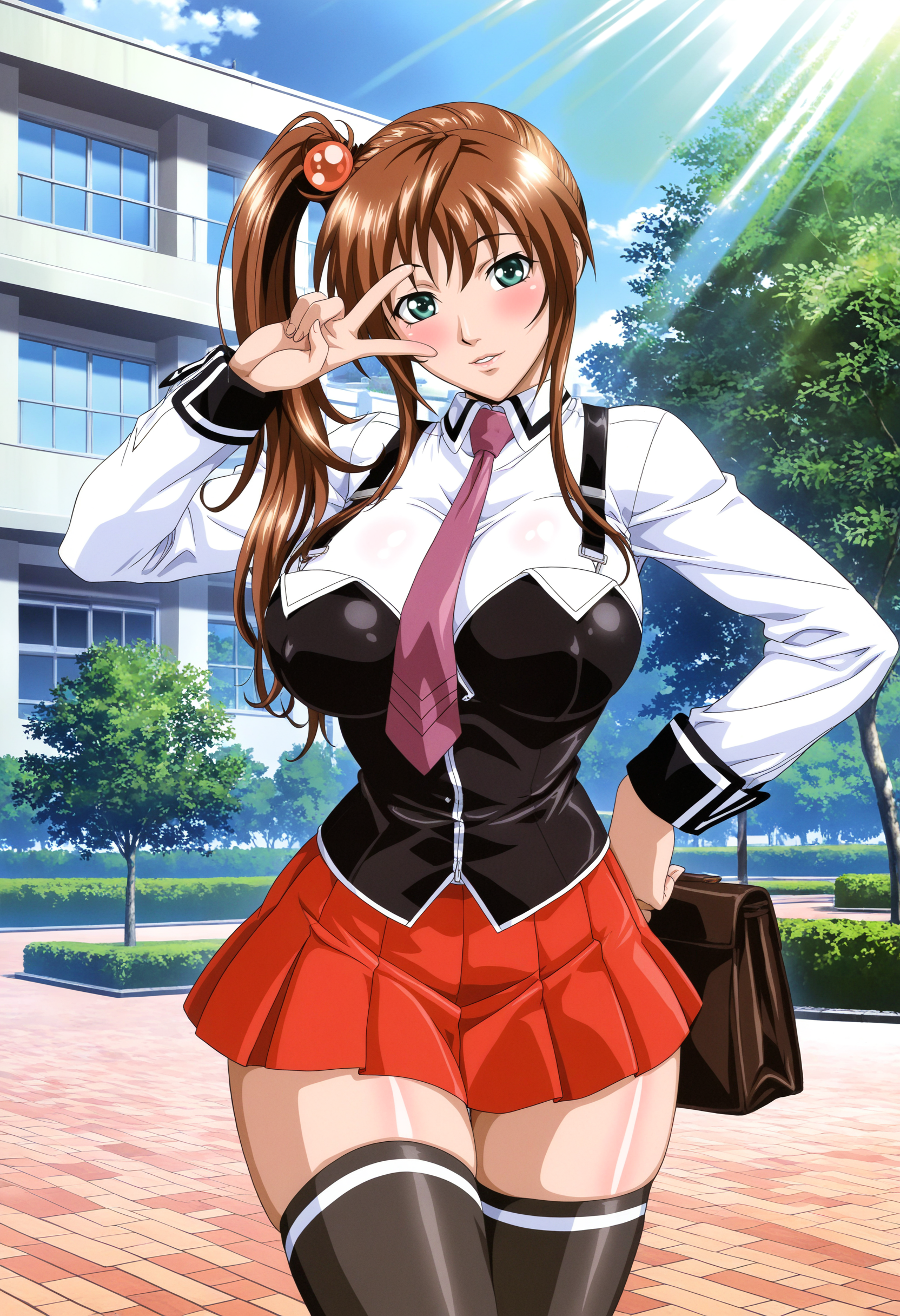 masterpiece, best quality, very awa, highres, bloom, shadow, 
1girl, imari kurumi, standing, cowboy shot, hand on own hip, holding bag, v over eye, 
looking at viewer, sideway glance, head tilt, hand up, parted lips, light smile, blush, 
brown hair, long hair, green eyes, hair bobbles, high side  ponytail,
curvy, large breasts, shiny skin, 
white shirt, vest, suspenders, red skirt, pleated skirt, black thighhighs, white trim, 
outdoors, day, blue skies, tree, sidelighting, sunlight, garden, building, park, road, dark,
 <lora:Imari Kurumi 3216 NoobAIXL Vpred fix:1> 5 fingers
