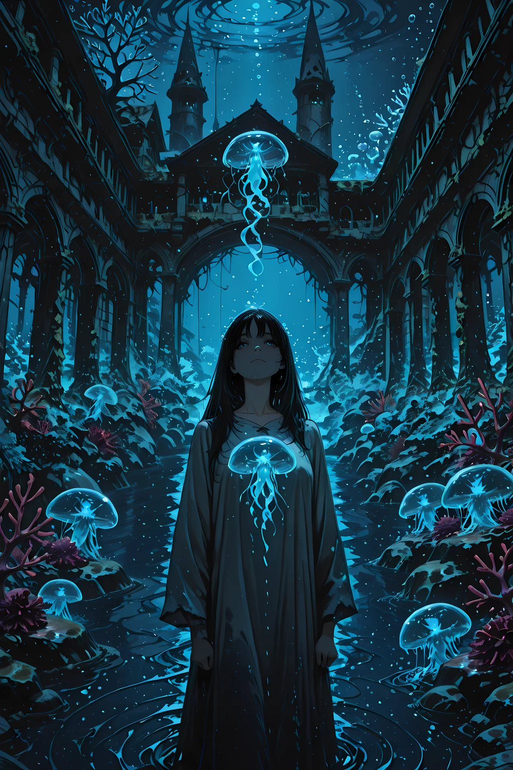<lora:Sinozick_style:0.3> <lora:Aura_illu:0.5> <lora:Avarice_1.1:0.5> <lora:cryostyle:0.7> <lora:Underwater-Concept-Ilustrious:0.8> BREAK
lazypos, sinozick_illu, Aura_illu, cryos2, close-up, underwater, depth of field, deep ocean blue, school of fishes in background, glowing jellyfish, air bubbles scattered over the background, dark blue lighting, dark coral reef reaching upward, overgrown ruined buildings of elven architecture, sunshafts, dark fantasy, turbulent swirling water, black strings attached, BREAK
child, long black hair, ocean blue eyes, looking at viewer, innocent face, white robes, standing at the sea floor, looking at viewer, (holding out hand:1.1)