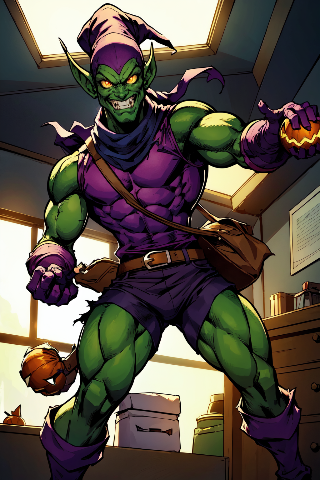 a man standing in an office, dynamic pose, beautiful eyes, high detail skin, high detail eyes, high detail hair, highres, ultra detailed, sharpen picture, Highly detailed, masterpiece, best quality, photorealistic,
<lora:Green goblinLoRA:0.8> hat, colored skin, goblin, pointy ears, sleeveless, tunic, 1boy, top, gloves, bag, boots, fangs, sharp teeth, shorts, pumpkin, holding grenade, belt, torn clothes, scarf, glowing, explosive