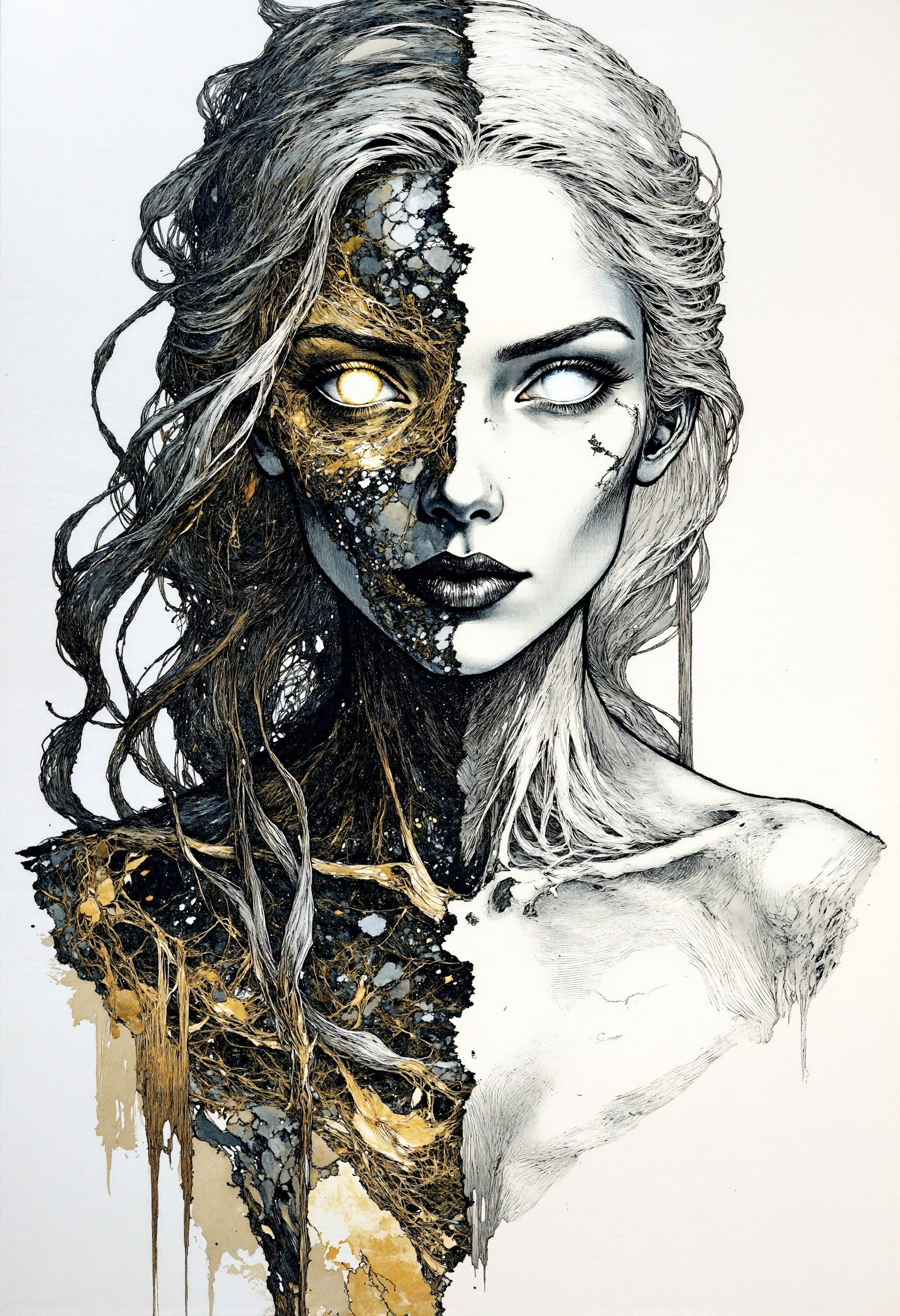 fg, A portrait of Hel, the ruler of Helheim. Her marvelous wild mane covers part of her beautiful face and bare chest. Both eyeballs are completely blank and featureless, devoid of pupils and irises, and extend across the entire eye region, blending seamlessly into the surrounding facial area, while the eyes remain fully open. The face is divided into two halves. The left side shows signs of decay and decomposition, with lifeless dark-coal skin, hard bones are visible under the torn skin, shreds of golden ash detached from her skin. Her left eyeball is completely golden. The right half of the face is of unearthly beauty, with immaculate, flawless white skin. Her right eyeball is completely snow-white. The transition between the two halves of the face is fluid and unobtrusive, symbolizing the brief moment between life and death. The picture showcases a surreal and abstract style, created using pencil and ink, characterized by a monochromatic scheme with predominant shades of black, white, and gray, which has been digitally enhanced.