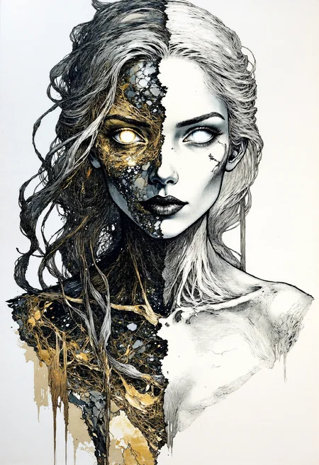 fg, A portrait of Hel, the ruler of Helheim. Her marvelous wild mane covers part of her beautiful face and bare chest. Both eyeballs are completely blank and featureless, devoid of pupils and irises, and extend across the entire eye region, blending seamlessly into the surrounding facial area, while the eyes remain fully open. The face is divided into two halves. The left side shows signs of decay and decomposition, with lifeless dark-coal skin, hard bones are visible under the torn skin, shreds of golden ash detached from her skin. Her left eyeball is completely golden. The right half of the face is of unearthly beauty, with immaculate, flawless white skin. Her right eyeball is completely snow-white. The transition between the two halves of the face is fluid and unobtrusive, symbolizing the brief moment between life and death. The picture showcases a surreal and abstract style, created using pencil and ink, characterized by a monochromatic scheme with predominant shades of black, white, and gray, which has been digitally enhanced.