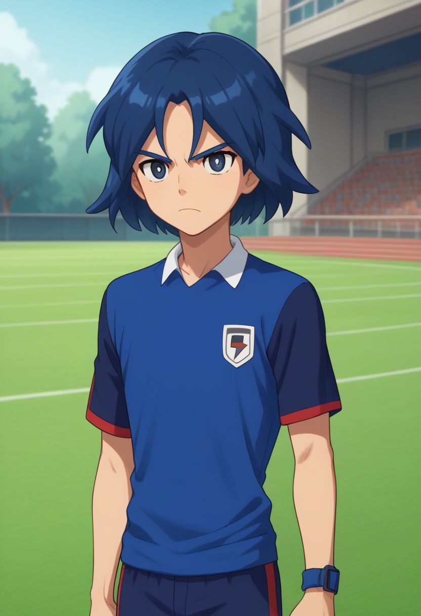 score_9, score_8_up, source_anime, highly detailed, 1boy, solo, male_focus, slender, skinny,
hikaru, solo, soccer uniform, 1boy, male focus, blue hair, sportswear, standing, socks, blue eyes, frown, upper body,
outdoor,