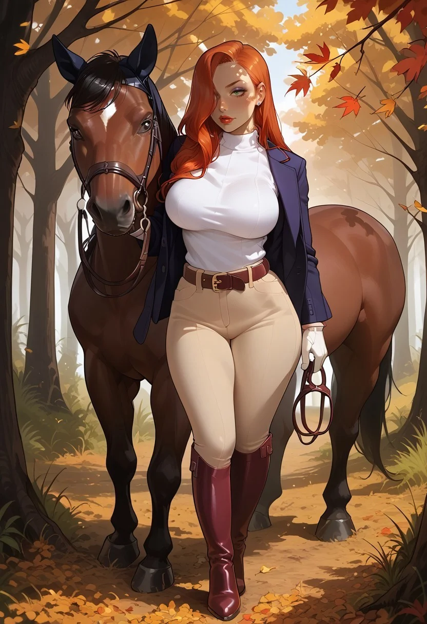 safe_pos, Score 9, score 8_up, score 7_up
BREAK
1girl, solo, jessica rabbit, red hair, hair over right eye, green eyes, large breasts, shirt, boots, pants, gloves, belt, jacket, horse, holding reins
BREAK
forest, autumn leaves, mountainous horizon