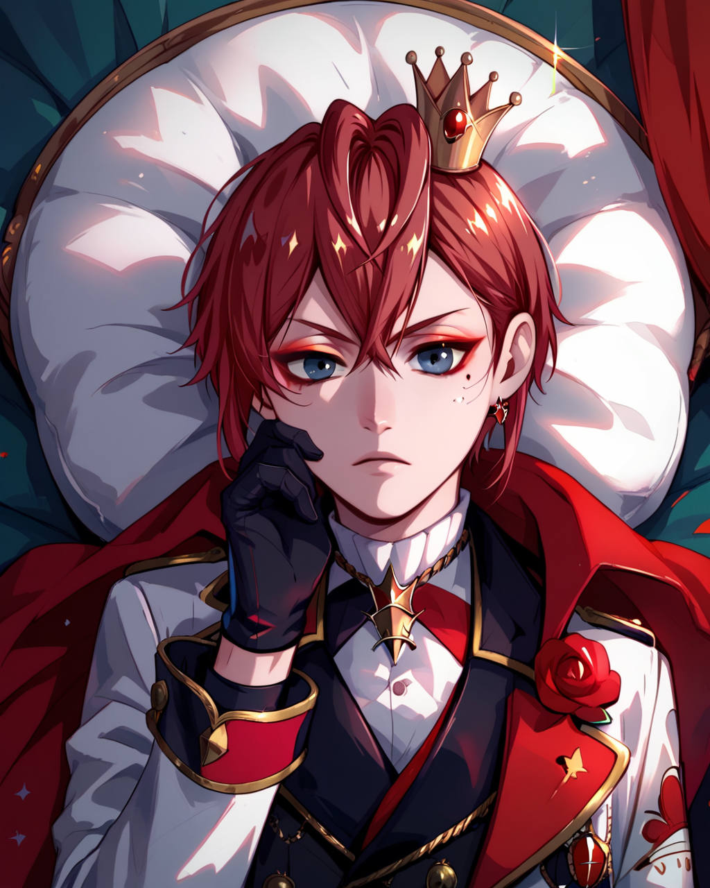 <lora:Riddle RoseheartsPDXL_v1:1>Riddle RoseheartsPDXL, 1boy, male focus, rose, crown, gloves, solo, flower, black gloves, mini crown, Dormitory uniform, white jacket,, <lora:princess_xl_v2:0.8><lora:g0th1cPXL:0.3> g0th1cpxl<lora:Expressive_H:0.8> ExpressiveH<lora:NAI Smooth Boys Style SDXL_LoRA_20r_20e_8i_nr32_a16_Pony Diffusion V6 XL:0.8> score_9, score_8_up, score_7_up,