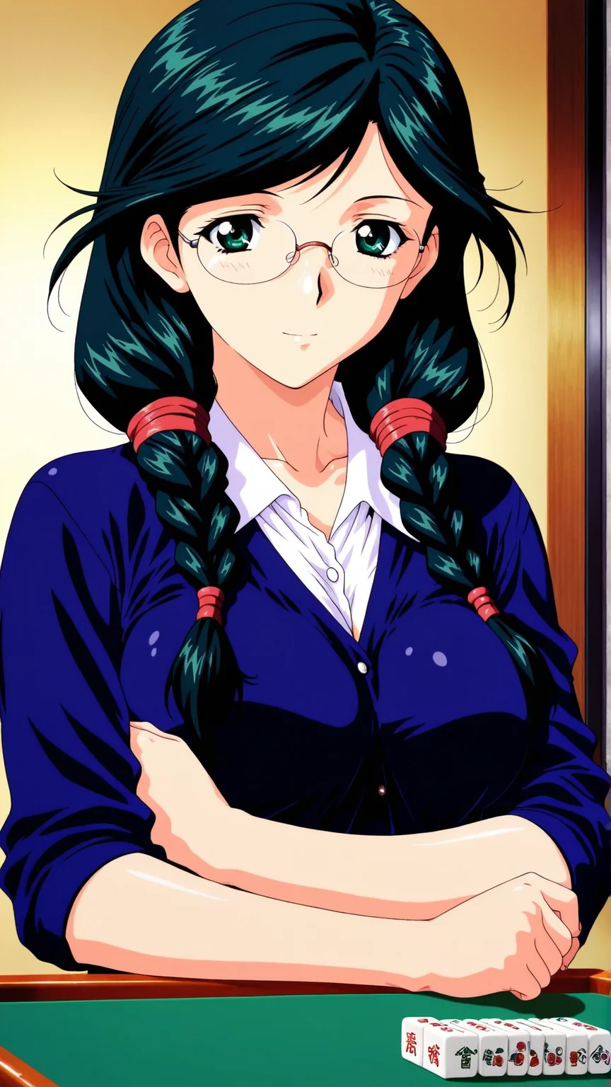 masterpiece, best quality, anime coloring, room, mahjong, mahjong tile,
1girl,solo, mahjong tile,
 <lora:Yukari-Kinomiya_lL_v01:1> yukari-kinomiya, braid, twin braids, hair over shoulder, breasts, twintails, rimless eyewear, green hair, green eyes, medium breasts, glasses, long hair