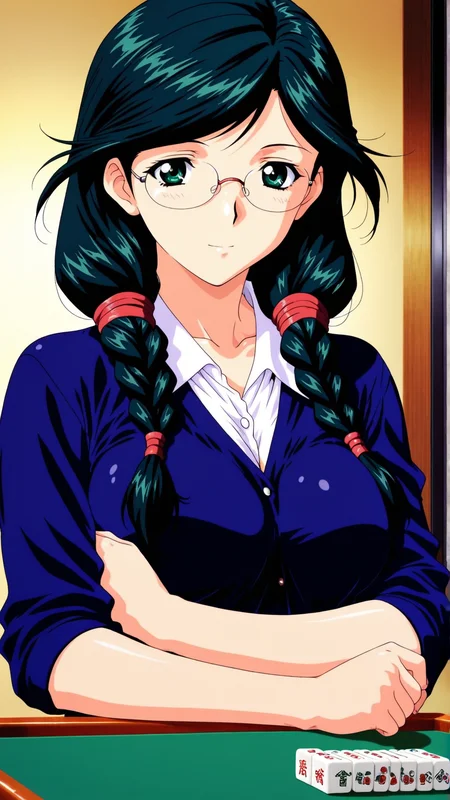 masterpiece, best quality, anime coloring, room, mahjong, mahjong tile,
1girl,solo, mahjong tile,
<lora:Yukari-Kinomiya_lL_v01:1> yukari-kinomiya, braid, twin braids, hair over shoulder, breasts, twintails, rimless eyewear, green hair, green eyes, medium breasts, glasses, long hair