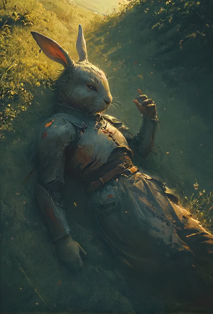 rugged scarred rabbit floppy chipped ears (on the ground:1.2) on a meadow because it was to exhausting to bring eternal cuteness to this tainted dark lands, glowing, (eternal slumber:1.2), (sleeping:1.1), knight, (rest:1.1), (damaged bloody:1.1) messy armor, (scars:1.2), (past away:1.1), serene, side view, dynamic shadow play, (closed eyes:1.5), (eyes shut:1.2),  (wast landscape backdrop:1.2), cinematic, sharp focus, last breath,  vivid , simplified, intricate, <lora:HKStyle_V3:0.5>, <lora:- SDXL - vanta-black_contrast_V3.0:0.5>, <lora:20240322-1711051399194:0.4>, <lora:artfullyECHELIER_SDXL_V1:0.4>, <lora:sss:0.8>, <lora:SDXL - Style - EldritchRomanceIllustration1.3.1:0.4>  <lora:Cute_Drawing:0.2>