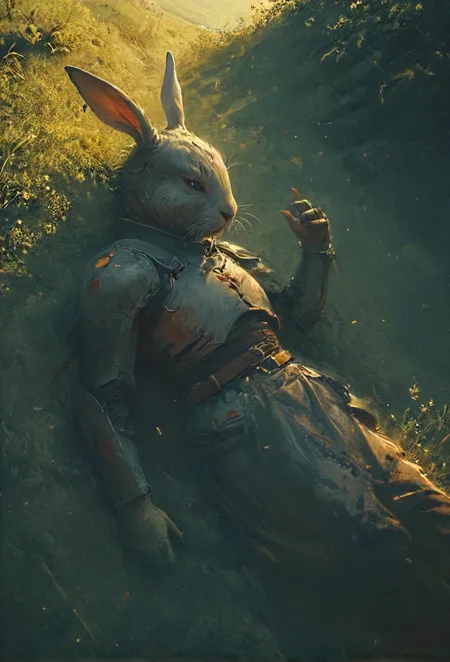 rugged scarred rabbit floppy chipped ears (on the ground:1.2) on a meadow because it was to exhausting to bring eternal cuteness to this tainted dark lands, glowing, (eternal slumber:1.2), (sleeping:1.1), knight, (rest:1.1), (damaged bloody:1.1) messy armor, (scars:1.2), (past away:1.1), serene, side view, dynamic shadow play, (closed eyes:1.5), (eyes shut:1.2),  (wast landscape backdrop:1.2), cinematic, sharp focus, last breath,  vivid , simplified, intricate, <lora:HKStyle_V3:0.5>, <lora:- SDXL - vanta-black_contrast_V3.0:0.5>, <lora:20240322-1711051399194:0.4>, <lora:artfullyECHELIER_SDXL_V1:0.4>, <lora:sss:0.8>, <lora:SDXL - Style - EldritchRomanceIllustration1.3.1:0.4>  <lora:Cute_Drawing:0.2>