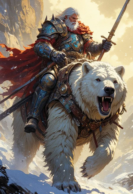 A majestic warrior , riding a massive armored white bear. The warrior has silver hair, a sharp gaze, and a battle-hardened expression. His ornate armor glows with blue magical runes, and the bear's armored plating is intricately decorated with ancient patterns. The background is a snowy fantasy landscape with soft golden sunlight filtering through the mist. Highly detailed, epic fantasy illustration, ultra-detailed,