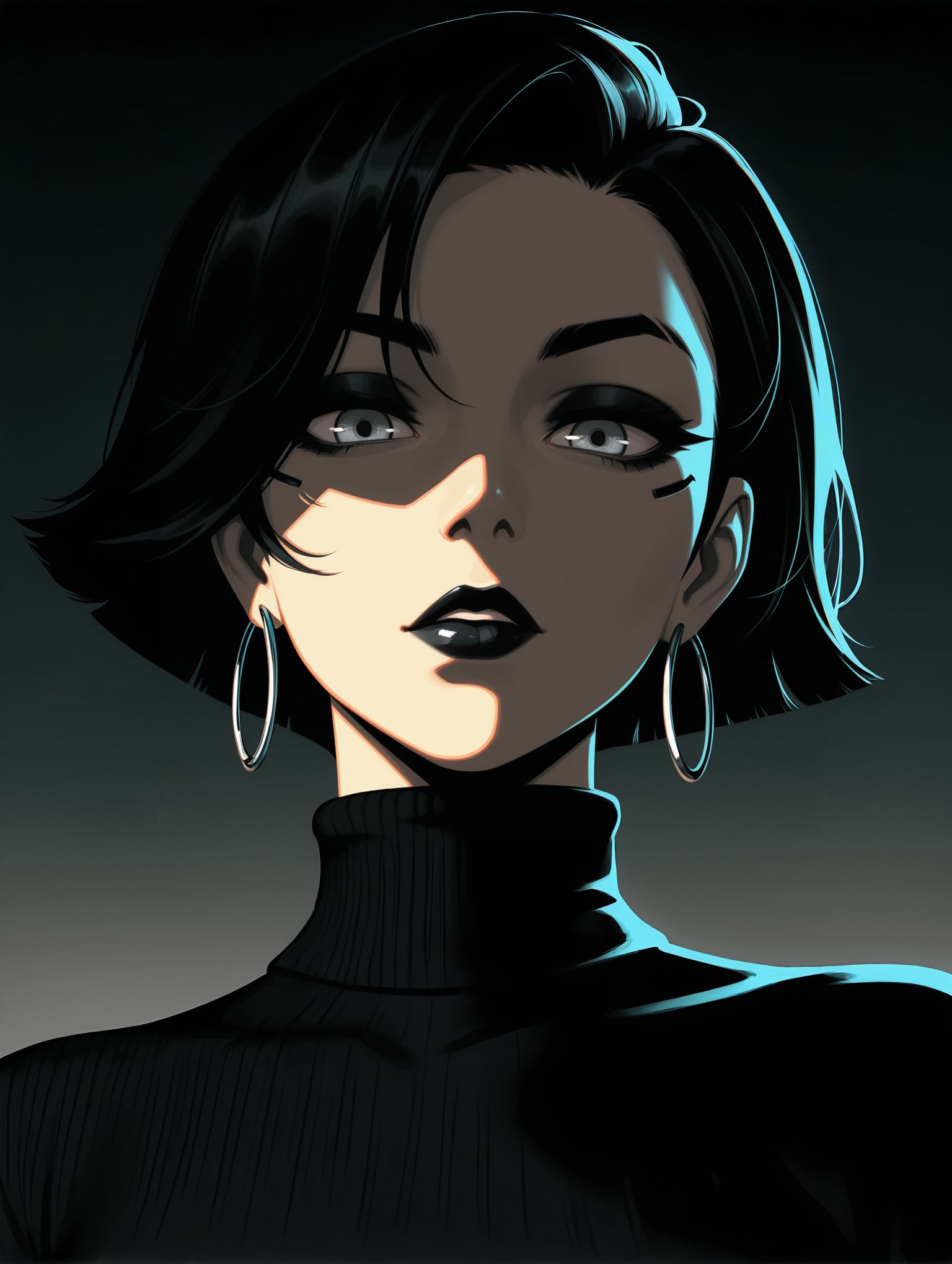 masterpiece,best quality, high contrast, monochrome with accent color, sharp shading, cyberpunk aesthetics,
1girl, solo, femme fatale, short hair, side part, black hair, tousled hair, grey eyes, detailed eyes, hoop earrings, silver earrings, black lips, black eyeshadow, thick eyebrows, turtleneck sweater, black turtleneck,
dramatic lighting, striking appearance, dramatic angle, intense stare, close-up, chiaroscuro, bold composition,
painted background, gradient background, textured background, negative space, neo noir,
looking at looking at viewer, dominant expression, indirect gaze