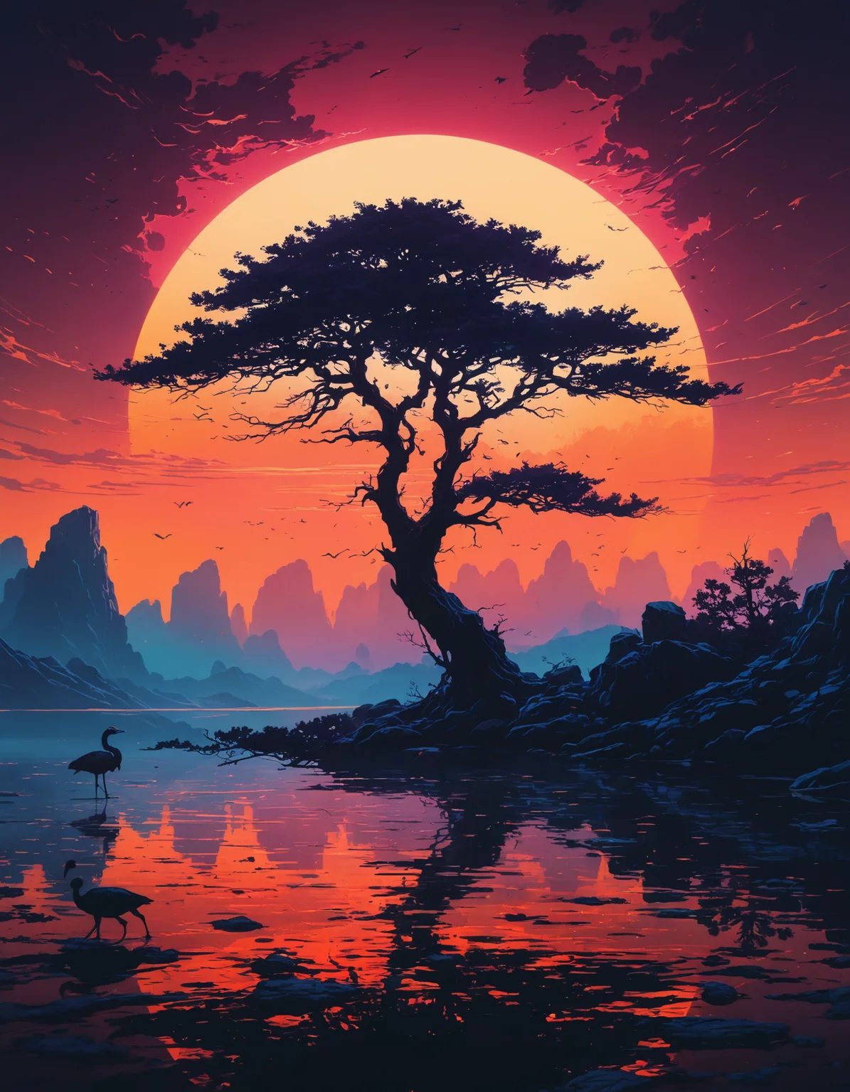highly detailed and hyper realistic photo, by Alena Aenami , by Archibald Thorburn , by Daniele Afferni , a breathtaking otherworldly landscape with psychedelic colors , in the style of monochromatic silhouette reflection, limited dark palette, unusual dark colors, faded colors, atmospheric haze, highly dramatic cinematic lighting, motion blur, film grain, professional, excellent composition, finest details, maximized details, ultimate detail level, masterpiece, best quality