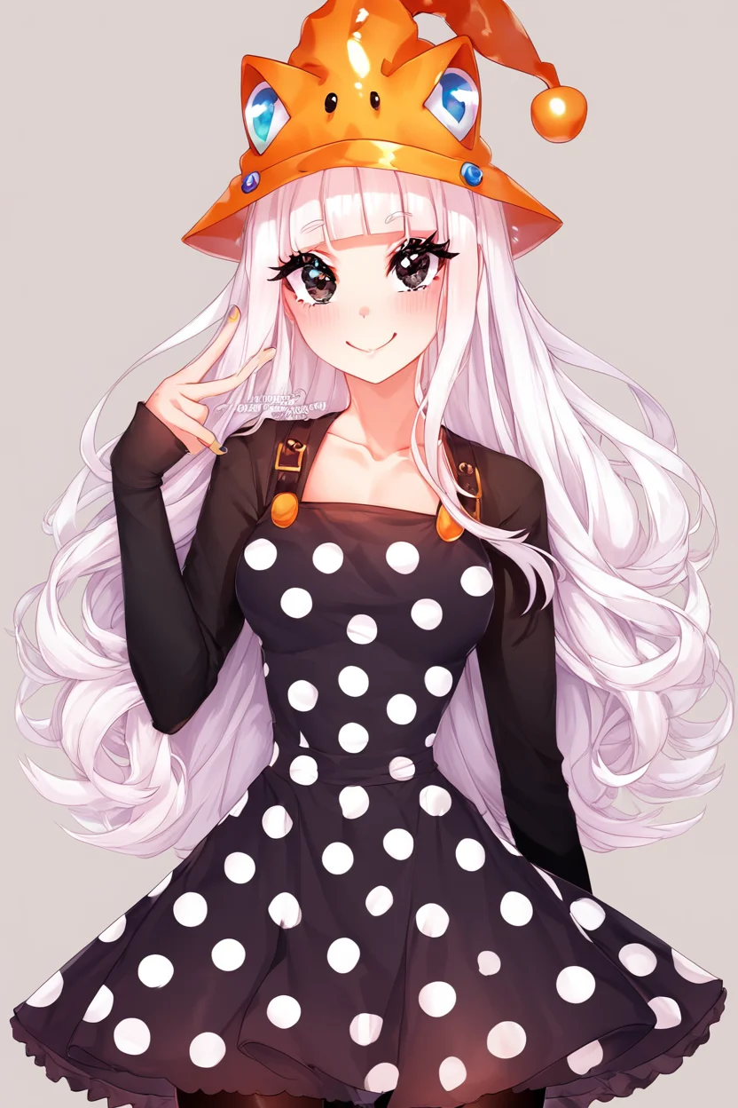 score_9, score_8_up, score_8, medium breasts, (curvy), cute, eyelashes, BREAK, , zzEruka, black eyes, white hair, blunt bangs, long hair, orange hat, polka dot dress, black dress, black sleeves, pantyhose, <lora:ErukaFrog_SoulEater_PDXL_v2:1.0>, , BREAK, smile, closed mouth, looking at viewer, cowboy shot, ,,, embedding:zPDXL, Expressiveh, ,,, <lora:Puppypaww_Style_PDXL_v2:0.8>, <lora:SDXLFaeTastic2400:0.5>, <lora:Expressive_H-000001:0.4>,