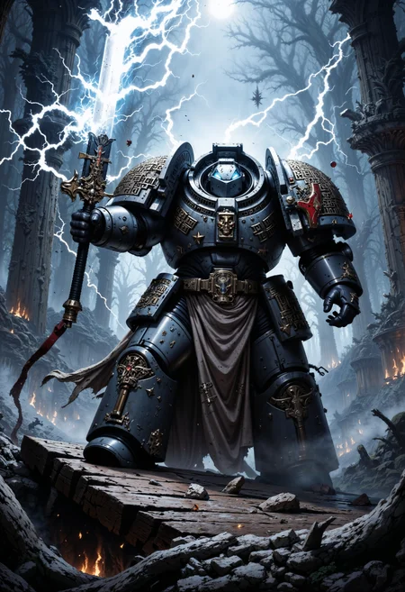 A Powerful GreyK40k space marine, draped in tattered, steel grey power armor that pulses with a faint, eerie glow, stands on a creaking wooden bridge. He points the tip of a massive, rune-etched sword menacingly at the camera, the blade crackling with dark energy. Shadows swirl around him, and the misty air is thick with tension. red flames flicker within his hollow eyes, reflecting the bridge's warped, splintered planks, over the sword camera view  <lora:FluxGreyK40k:1> <lora:FluxMythP0rtr4itStyle:0.7>