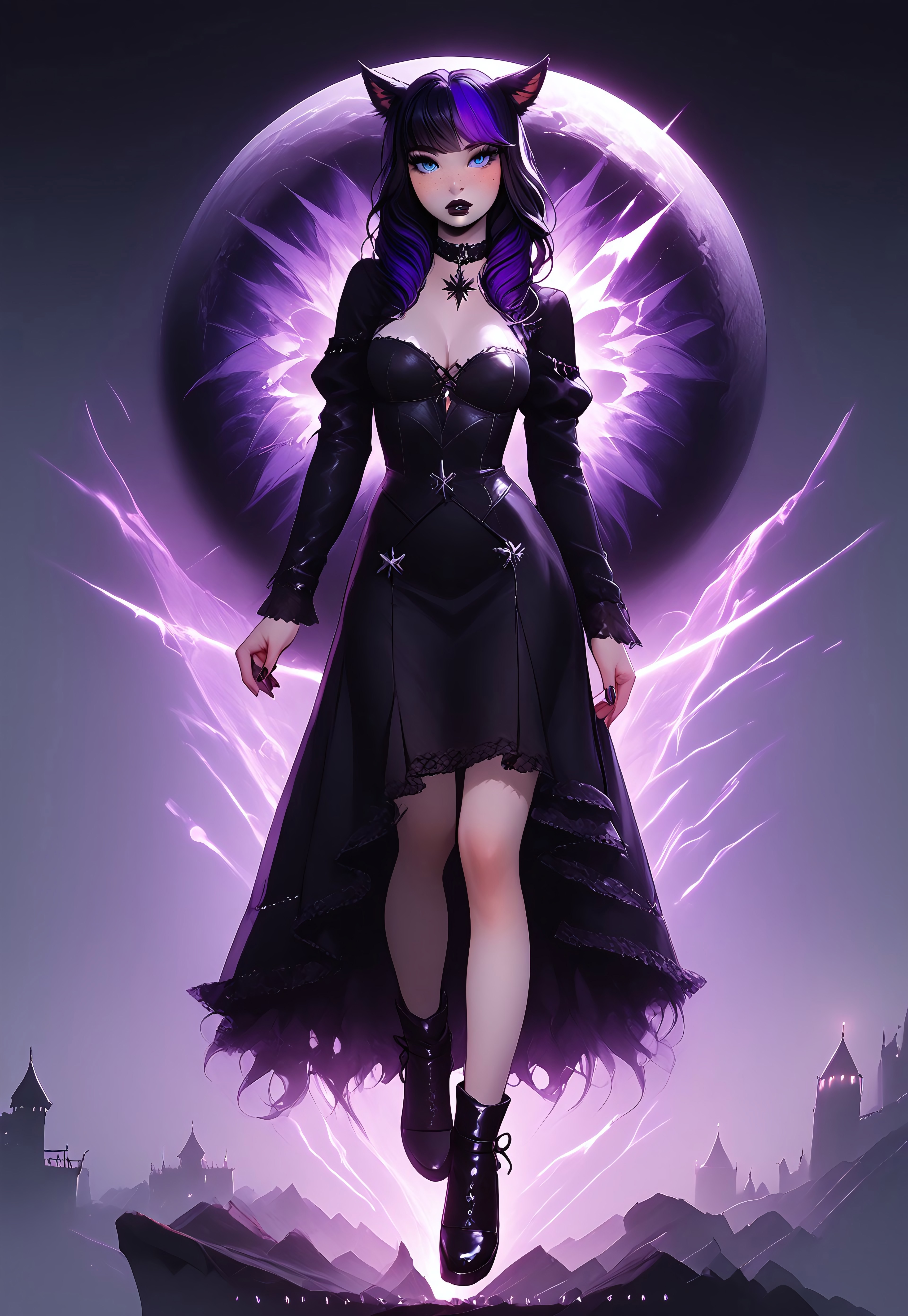 safe_pos, score_9,score_8_up,score_7_up,score_6_up, Goth girl 1girl, Goth girl, miqo'te, FemmeMiq, cat girl, cat ears, animal ears, animal ear fluff, ((woman with long black hair with purple highlights)), bangs, freckles, bold makeup, black lips, long eyelashes, eyeliner, ((large expressive blue eyes)), hourglass figure, medium breast, perky breast, perfect round ass, dark eyeliner, long eyelashes, dark pupils, high contrast shadows, high res image, masterpiece, dynamic shot, <lora:Expressive_H:0.65>, <lora:incase-ilff-v3-4:0.5> <lora:g0th1cPXL:0.45>, <lora:princess_pony_v1:0.1> <lora:Branwen_QBR:0.7>, high gradient eyes, eyesHD, dynamic pose, dynamic, detailed eyes, high definition eyes, amazing quality, wallpaper, looking at viewer, full body, goth clothes, choker, high shoes, fishnet, c4stl3, sc3n3ry, twilight, 