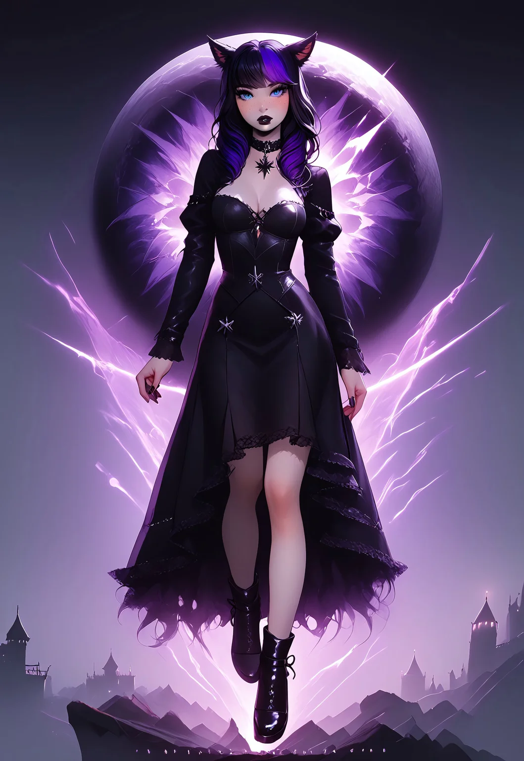 safe_pos, score_9,score_8_up,score_7_up,score_6_up, Goth girl 1girl, Goth girl, miqo'te, FemmeMiq, cat girl, cat ears, animal ears, animal ear fluff, ((woman with long black hair with purple highlights)), bangs, freckles, bold makeup, black lips, long eyelashes, eyeliner, ((large expressive blue eyes)), hourglass figure, medium breast, perky breast, perfect round ass, dark eyeliner, long eyelashes, dark pupils, high contrast shadows, high res image, masterpiece, dynamic shot, <lora:Expressive_H:0.65>, <lora:incase-ilff-v3-4:0.5> <lora:g0th1cPXL:0.45>, <lora:princess_pony_v1:0.1> <lora:Branwen_QBR:0.7>, high gradient eyes, eyesHD, dynamic pose, dynamic, detailed eyes, high definition eyes, amazing quality, wallpaper, looking at viewer, full body, goth clothes, choker, high shoes, fishnet, c4stl3, sc3n3ry, twilight,